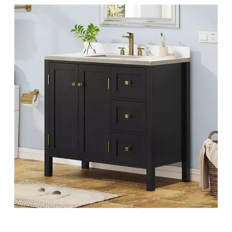 Meuble sous-vasque de salle de bain de 91 cm avec lavabo en céramique, meuble de rangement de salle de bain avec 2 portes et 3 tiroirs, 2 portes