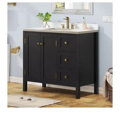 Meuble sous-vasque de salle de bain de 91 cm avec lavabo en céramique, meuble de rangement de salle de bain avec 2 portes et 3 tiroirs, 2 portes