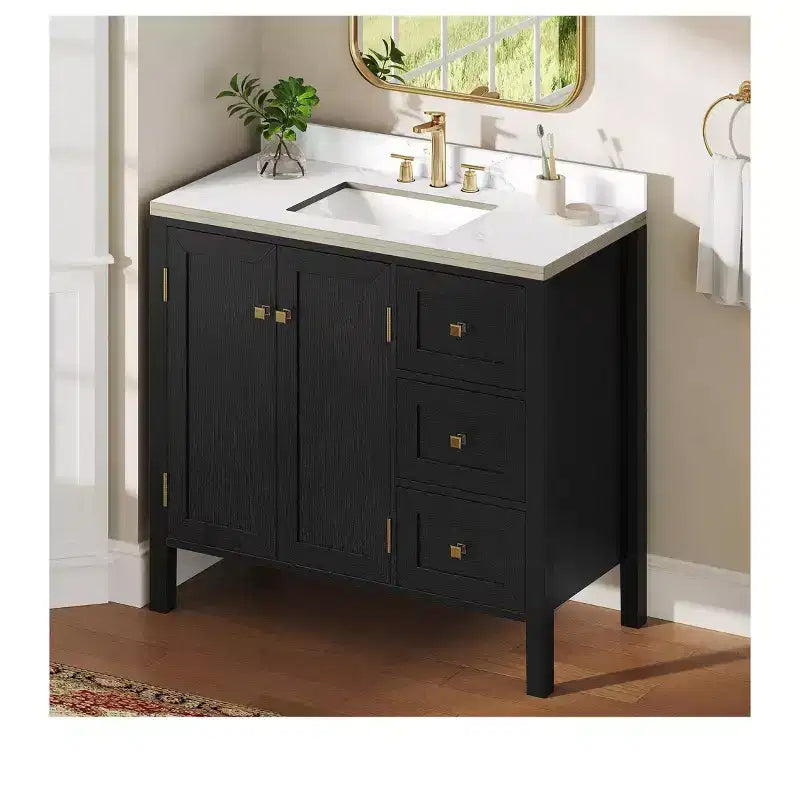 Meuble sous-vasque de salle de bain de 91 cm avec lavabo en céramique, meuble de rangement de salle de bain avec 2 portes et 3 tiroirs, 2 portes