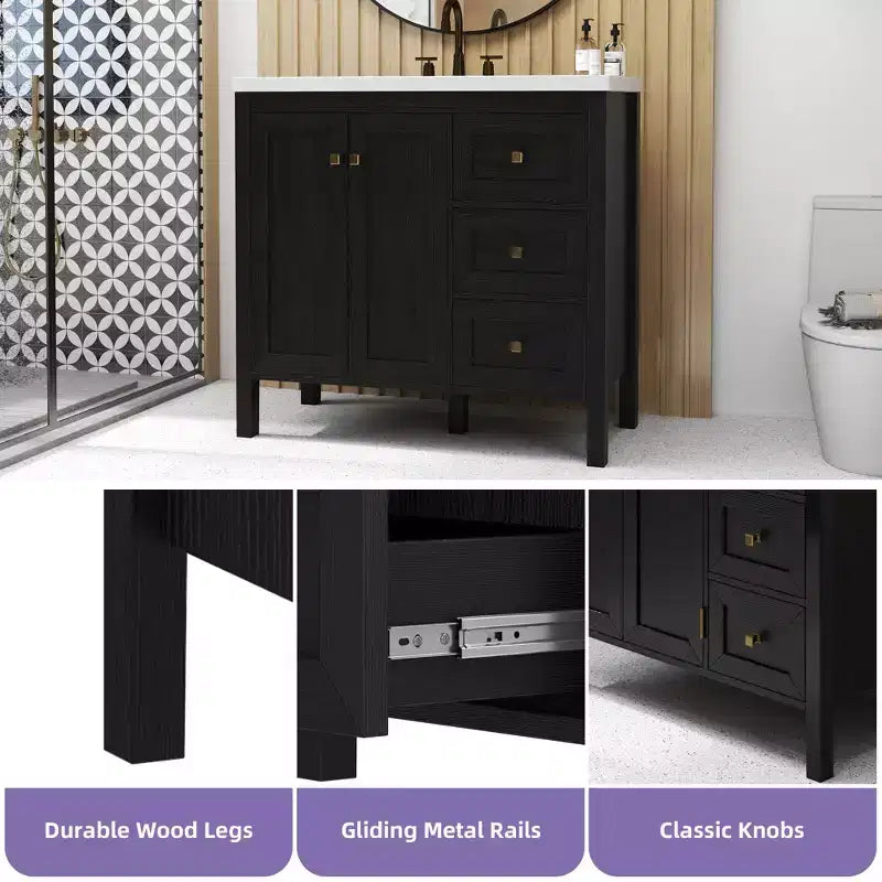 Meuble sous-vasque de salle de bain de 91 cm avec lavabo en céramique, meuble de rangement de salle de bain avec 2 portes et 3 tiroirs, 2 portes