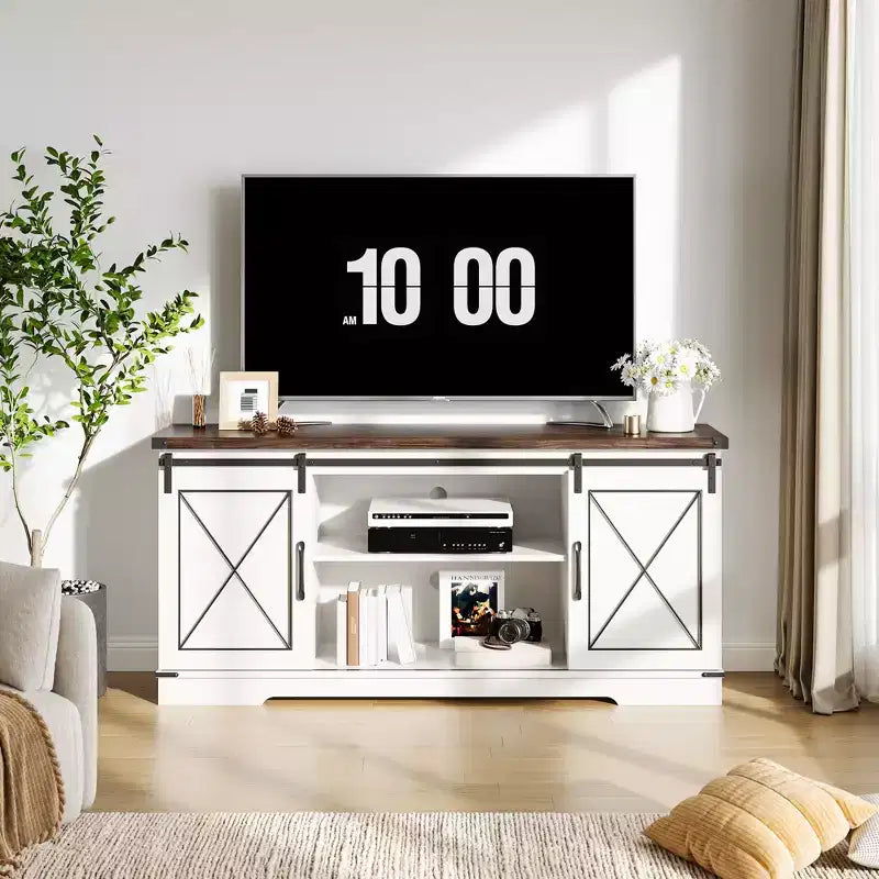 TV Stand for TV Up to 65 Inches, Wood Entertainment Center with Sliding Barn Doors, Media Console Table for Living Room