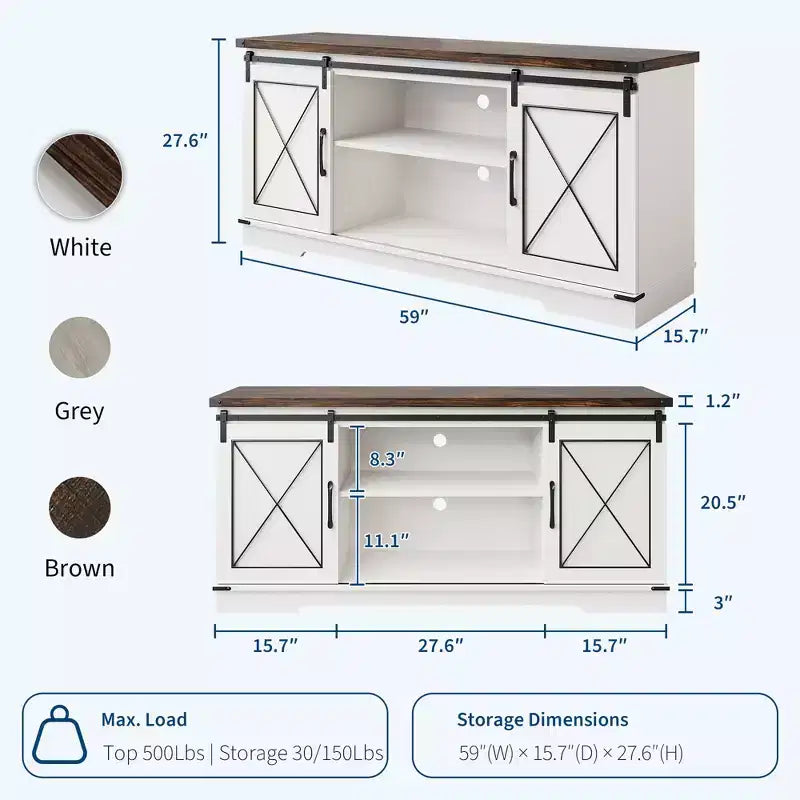 Meuble TV pour téléviseur jusqu'à 65 pouces, meuble de divertissement en bois avec portes coulissantes de style grange, console multimédia pour salon