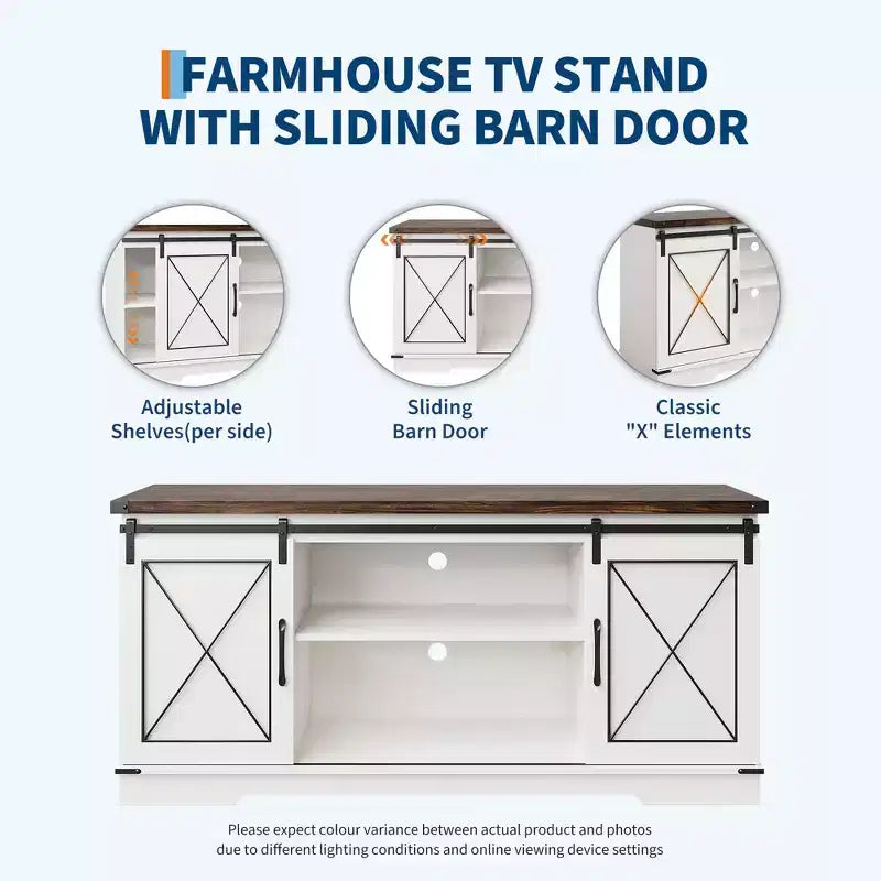 Meuble TV pour téléviseur jusqu'à 65 pouces, meuble de divertissement en bois avec portes coulissantes de style grange, console multimédia pour salon
