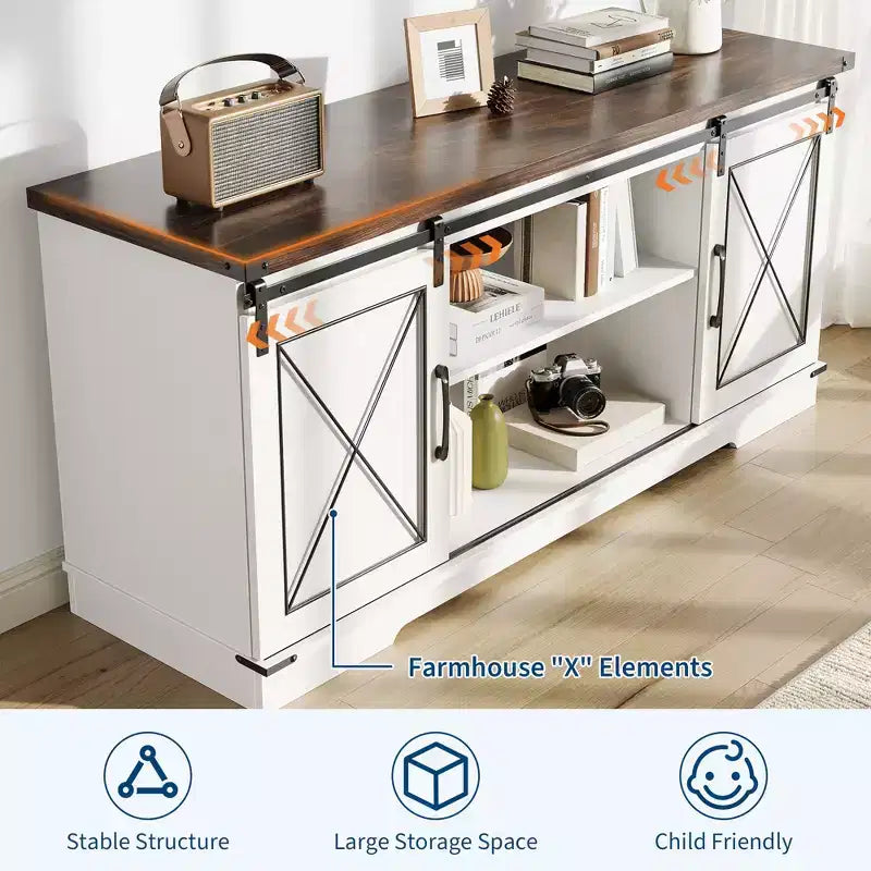 Meuble TV pour téléviseur jusqu'à 65 pouces, meuble de divertissement en bois avec portes coulissantes de style grange, console multimédia pour salon