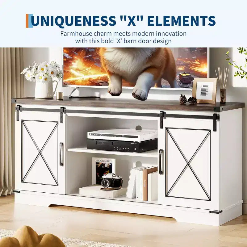 Meuble TV pour téléviseur jusqu'à 65 pouces, meuble de divertissement en bois avec portes coulissantes de style grange, console multimédia pour salon