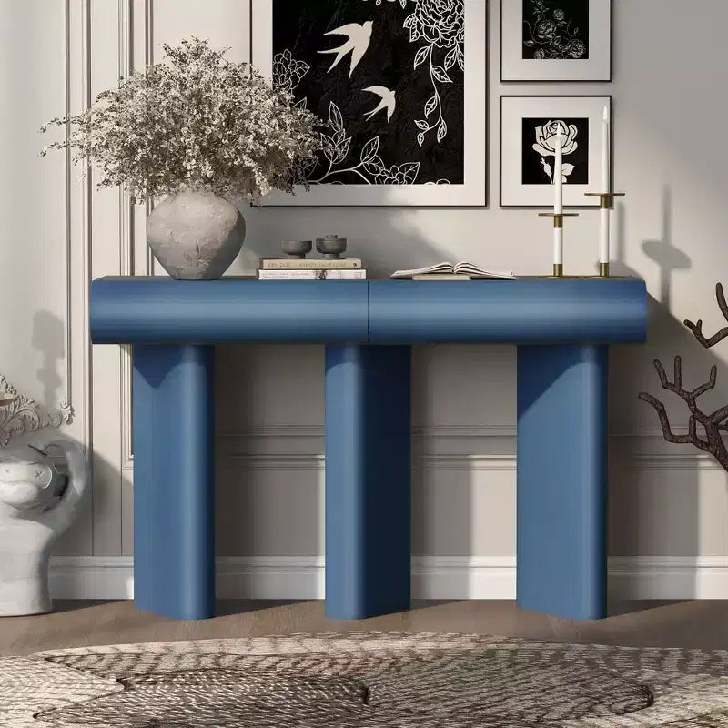 Table d'entrée étroite moderne avec tiroir incurvé et pied géométrique, console gain de place pour couloir, salon, chambre, petits appartements, hall d'entrée