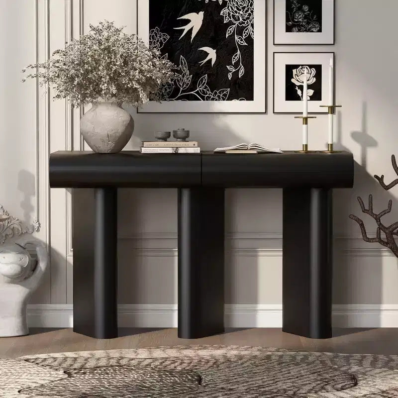 Table d'entrée étroite moderne avec tiroir incurvé et pied géométrique, console gain de place pour couloir, salon, chambre, petits appartements, hall d'entrée