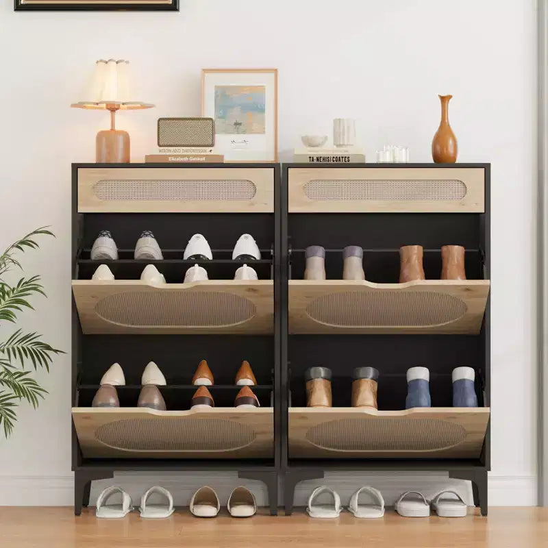 Rattan Shoe Cabinet with 2 Flip Drawers and 1 Pull-Out Drawer, Shoe Storage Cabinet, 3-Position Adjustable Shelf, Narrow Shoe Cabinet for Entryway