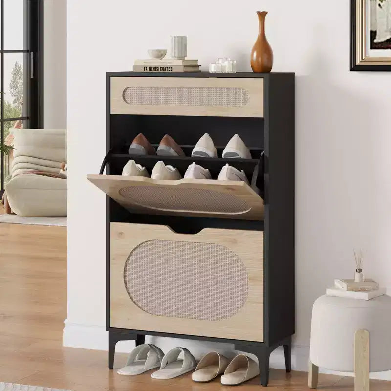 Meuble à chaussures avec 2 tiroirs basculants et 1 tiroir coulissant, Meuble de rangement pour chaussures, Étagère réglable sur 3 positions, Meuble à chaussures étroit pour entrée