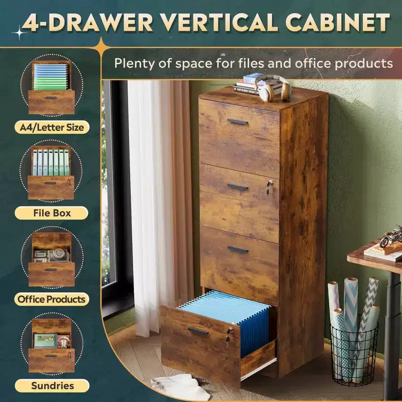 Meuble de classement vertical à 4 tiroirs avec serrure - Organisateur de rangement en bois pour bureau à domicile, convient aux dossiers A4