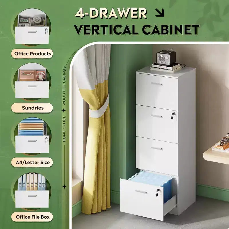 Meuble de classement vertical à 4 tiroirs avec serrure - Organisateur de rangement en bois pour bureau à domicile, convient aux dossiers A4