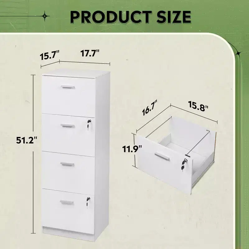 Meuble de classement vertical à 4 tiroirs avec serrure - Organisateur de rangement en bois pour bureau à domicile, convient aux dossiers A4