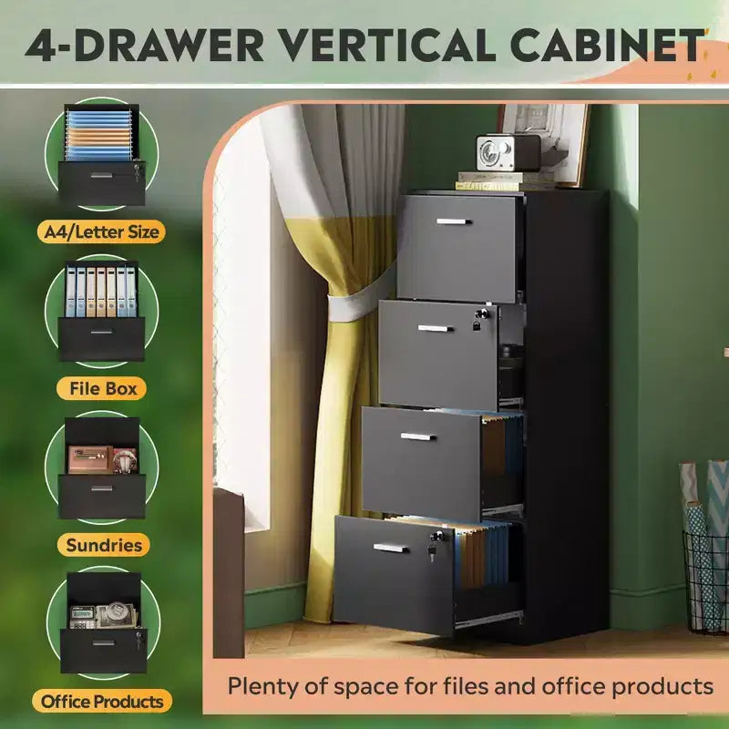 Meuble de classement vertical à 4 tiroirs avec serrure - Organisateur de rangement en bois pour bureau à domicile, convient aux dossiers A4
