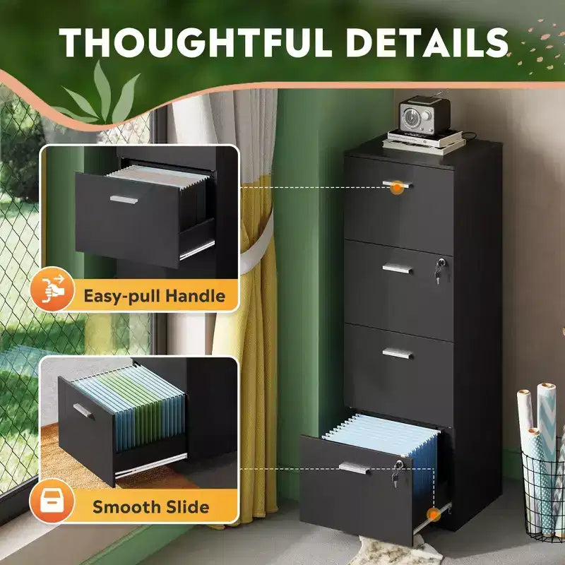 Meuble de classement vertical à 4 tiroirs avec serrure - Organisateur de rangement en bois pour bureau à domicile, convient aux dossiers A4