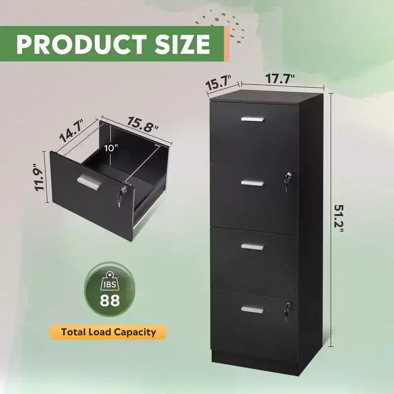 Meuble de classement vertical à 4 tiroirs avec serrure - Organisateur de rangement en bois pour bureau à domicile, convient aux dossiers A4