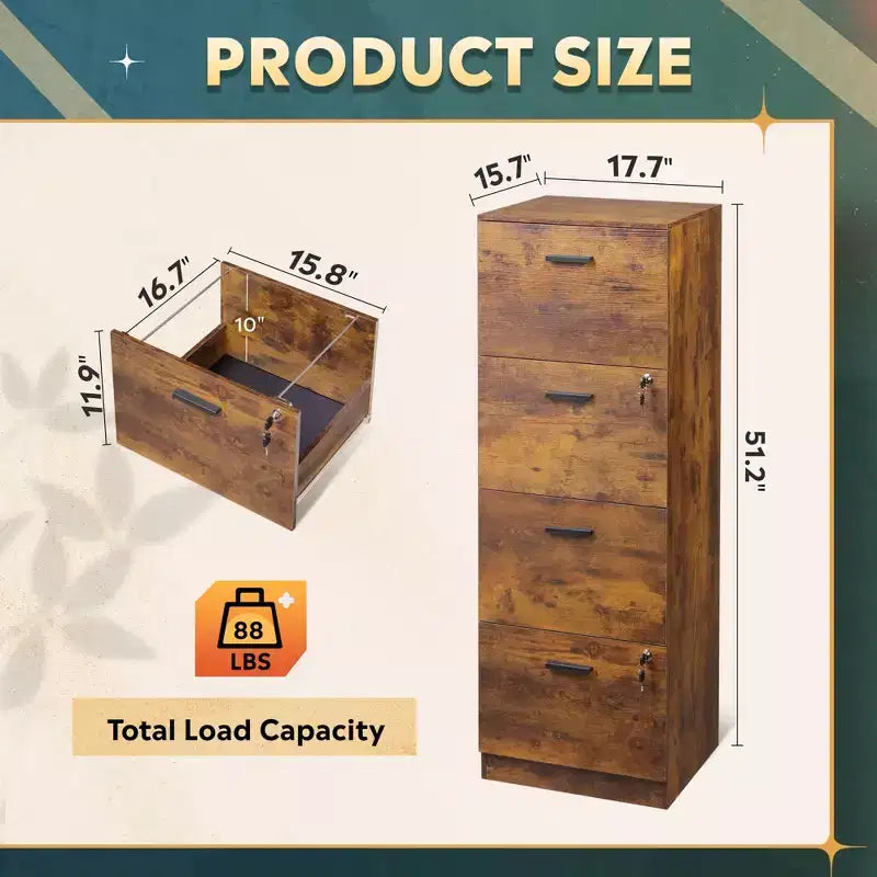 Meuble de classement vertical à 4 tiroirs avec serrure - Organisateur de rangement en bois pour bureau à domicile, convient aux dossiers A4