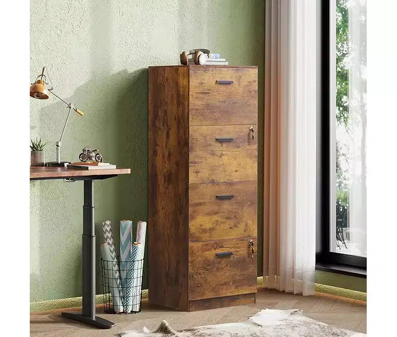 Meuble de classement vertical à 4 tiroirs avec serrure - Organisateur de rangement en bois pour bureau à domicile, convient aux dossiers A4