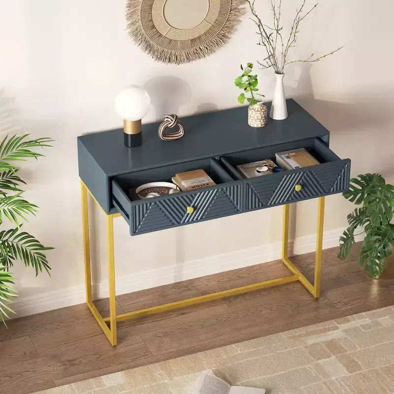 Table d'entrée moderne avec pieds dorés, console étroite avec 2 tiroirs et motif à rayures, table d'appoint pour salon, couloir