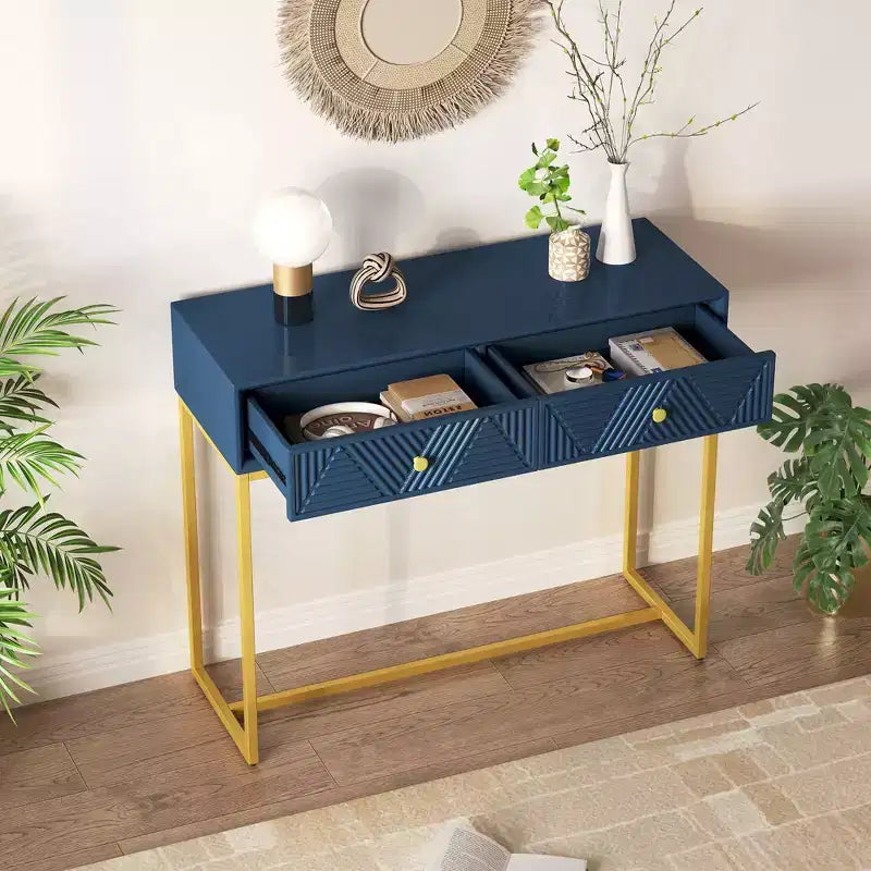 Table d'entrée moderne avec pieds dorés, console étroite avec 2 tiroirs et motif à rayures, table d'appoint pour salon, couloir