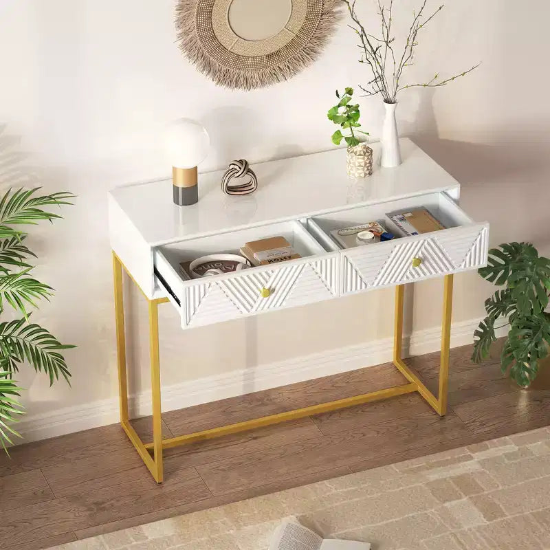 Table d'entrée moderne avec pieds dorés, console étroite avec 2 tiroirs et motif à rayures, table d'appoint pour salon, couloir