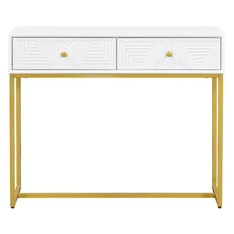 Table d'entrée moderne avec pieds dorés, console étroite avec 2 tiroirs et motif à rayures, table d'appoint pour salon, couloir