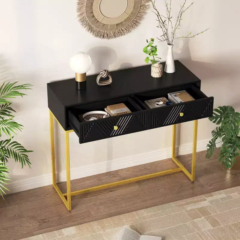 Table d'entrée moderne avec pieds dorés, console étroite avec 2 tiroirs et motif à rayures, table d'appoint pour salon, couloir