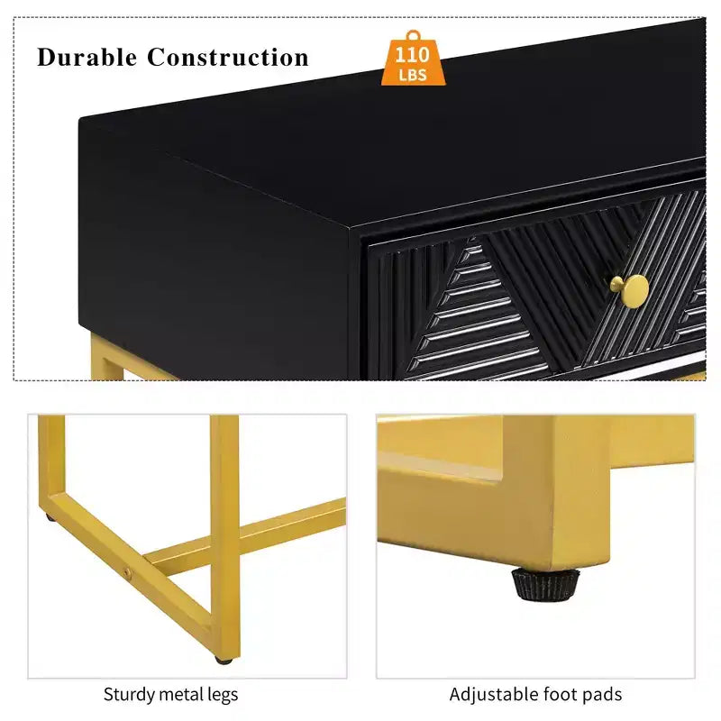 Table d'entrée moderne avec pieds dorés, console étroite avec 2 tiroirs et motif à rayures, table d'appoint pour salon, couloir