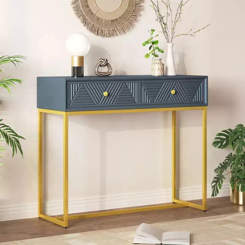 Table d'entrée moderne avec pieds dorés, console étroite avec 2 tiroirs et motif à rayures, table d'appoint pour salon, couloir