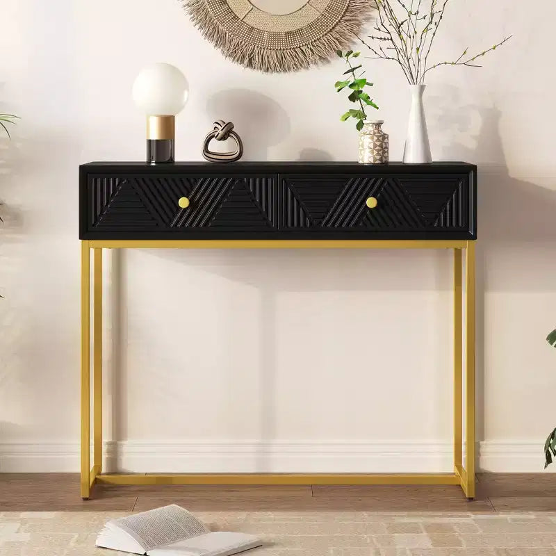 Okak Modern Entryway Table with Golden Legs, Narrow Console Table with 2 Drawers and Stripe Design, Accent Table for Living Room, Hallway