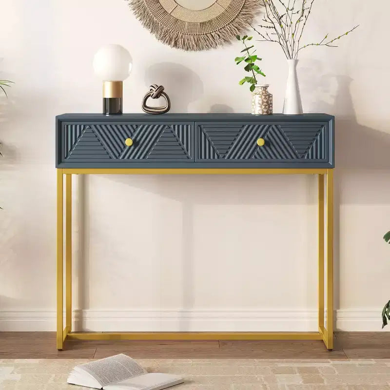 Table d'entrée moderne avec pieds dorés, console étroite avec 2 tiroirs et motif à rayures, table d'appoint pour salon, couloir
