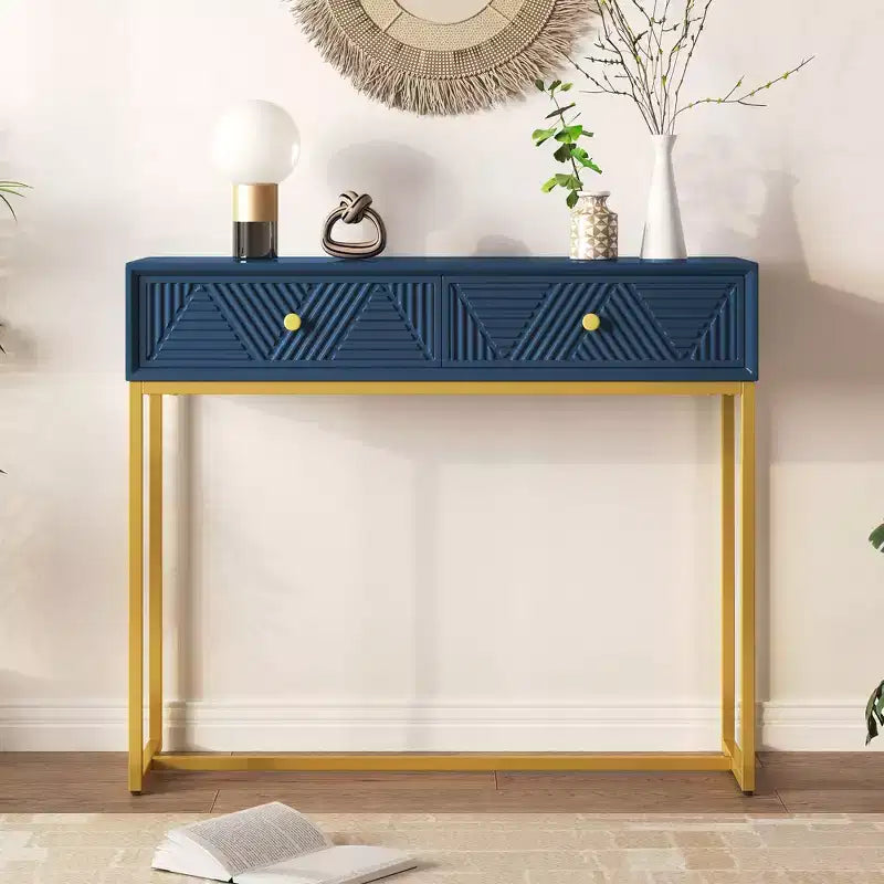 Table d'entrée moderne avec pieds dorés, console étroite avec 2 tiroirs et motif à rayures, table d'appoint pour salon, couloir
