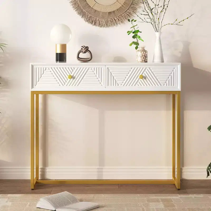 Table d'entrée moderne avec pieds dorés, console étroite avec 2 tiroirs et motif à rayures, table d'appoint pour salon, couloir