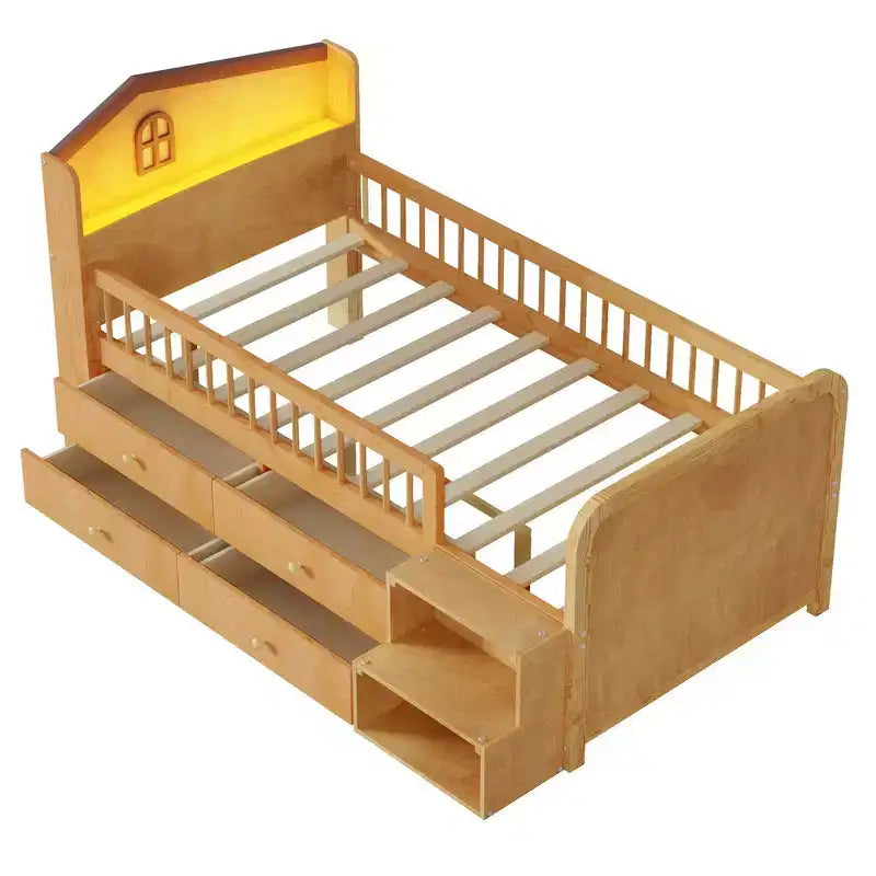 Lit mezzanine bas jumeau avec lumières LED, tête de lit en forme de maison et tiroirs de rangement, construction solide
