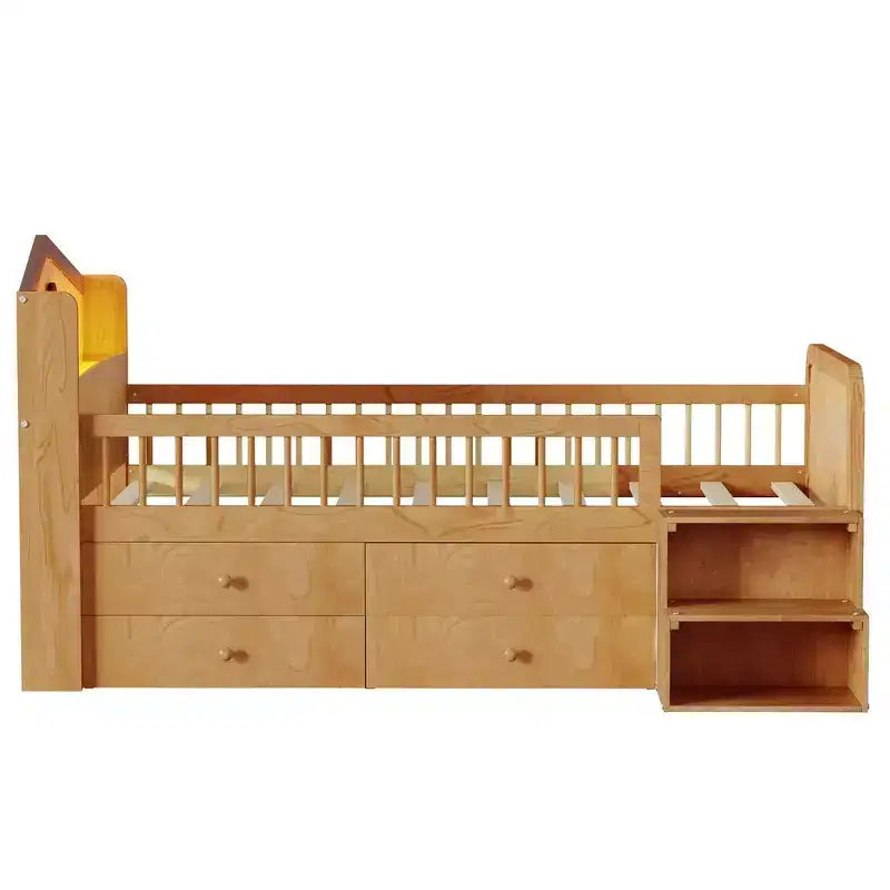 Lit mezzanine bas jumeau avec lumières LED, tête de lit en forme de maison et tiroirs de rangement, construction solide
