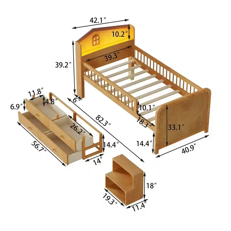 Lit mezzanine bas jumeau avec lumières LED, tête de lit en forme de maison et tiroirs de rangement, construction solide