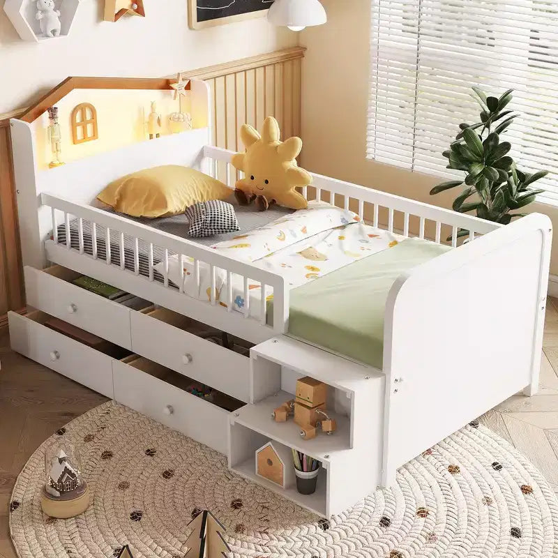 Lit mezzanine bas jumeau avec lumières LED, tête de lit en forme de maison et tiroirs de rangement, construction solide