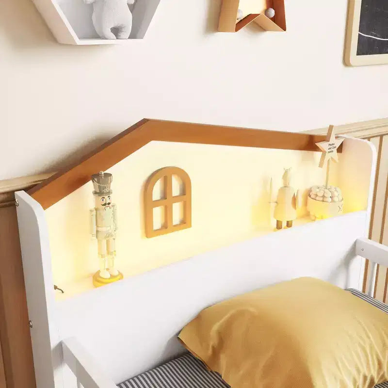 Lit mezzanine bas jumeau avec lumières LED, tête de lit en forme de maison et tiroirs de rangement, construction solide