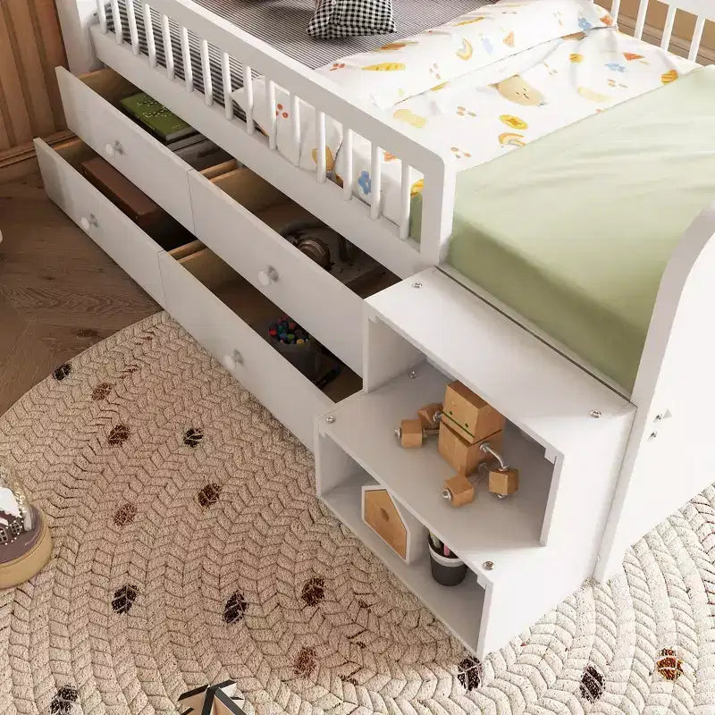 Lit mezzanine bas jumeau avec lumières LED, tête de lit en forme de maison et tiroirs de rangement, construction solide