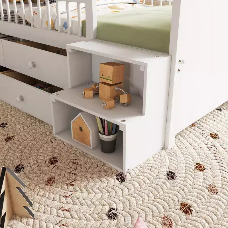 Lit mezzanine bas jumeau avec lumières LED, tête de lit en forme de maison et tiroirs de rangement, construction solide