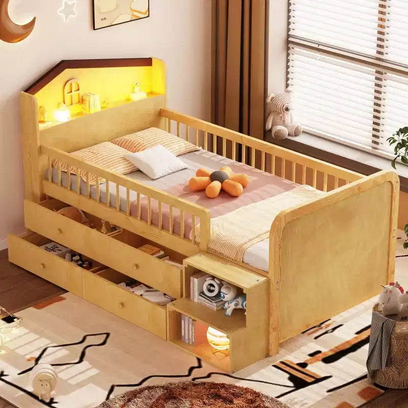 Lit mezzanine bas jumeau avec lumières LED, tête de lit en forme de maison et tiroirs de rangement, construction solide
