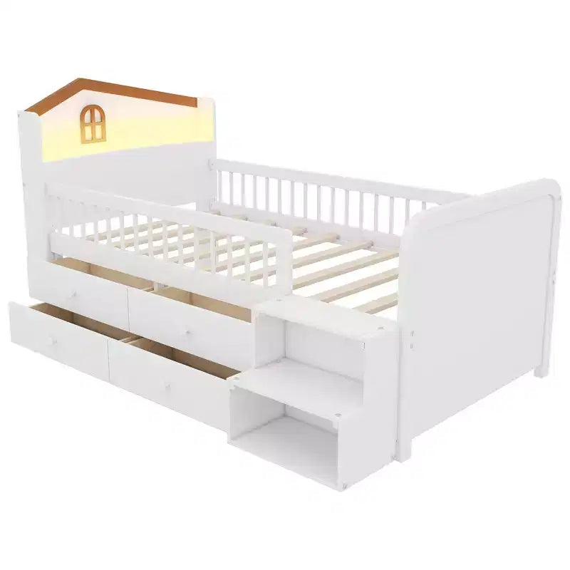 Lit mezzanine bas jumeau avec lumières LED, tête de lit en forme de maison et tiroirs de rangement, construction solide