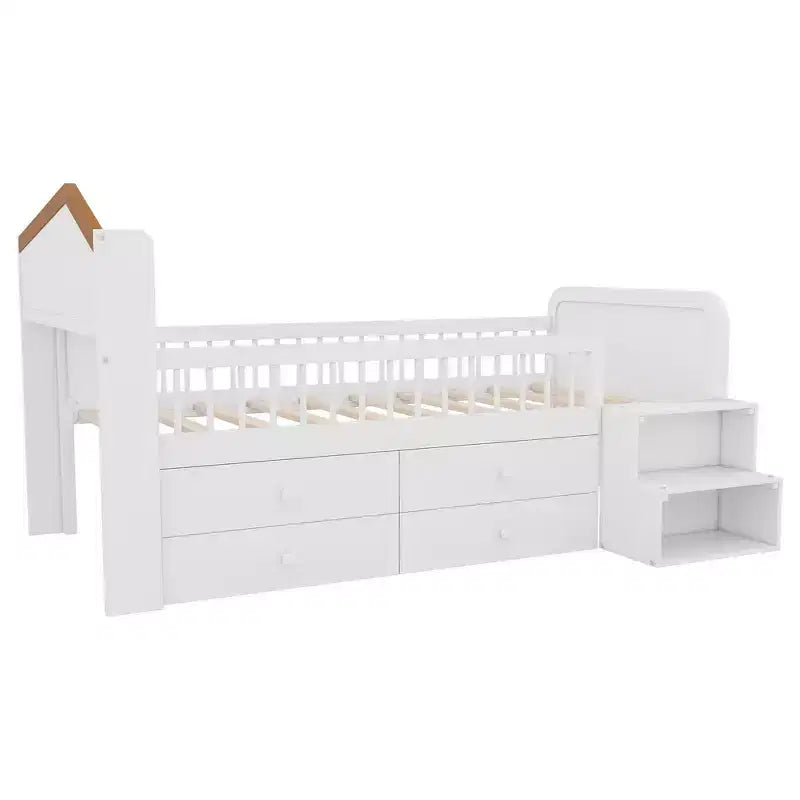 Lit mezzanine bas jumeau avec lumières LED, tête de lit en forme de maison et tiroirs de rangement, construction solide