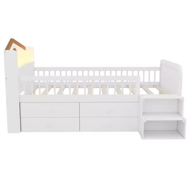 Lit mezzanine bas jumeau avec lumières LED, tête de lit en forme de maison et tiroirs de rangement, construction solide