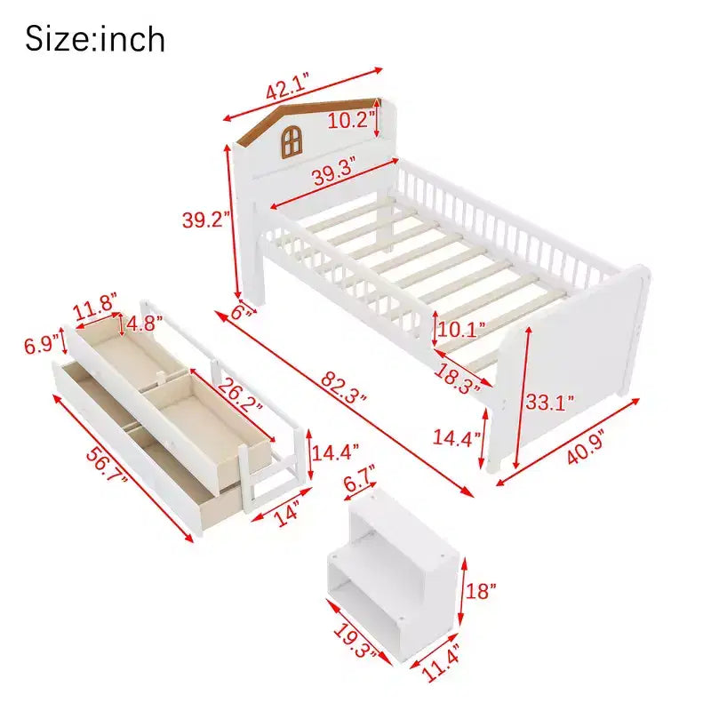 Lit mezzanine bas jumeau avec lumières LED, tête de lit en forme de maison et tiroirs de rangement, construction solide