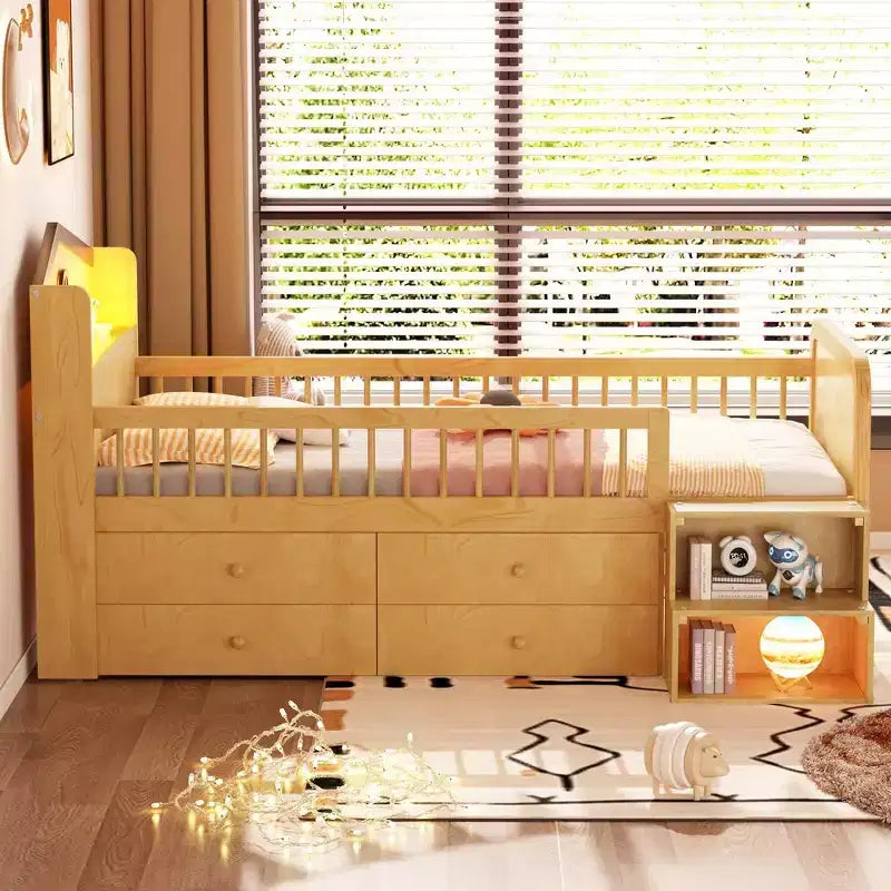 Lit mezzanine bas jumeau avec lumières LED, tête de lit en forme de maison et tiroirs de rangement, construction solide