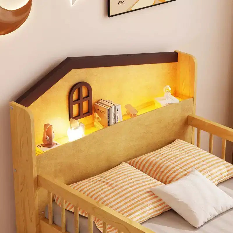 Lit mezzanine bas jumeau avec lumières LED, tête de lit en forme de maison et tiroirs de rangement, construction solide