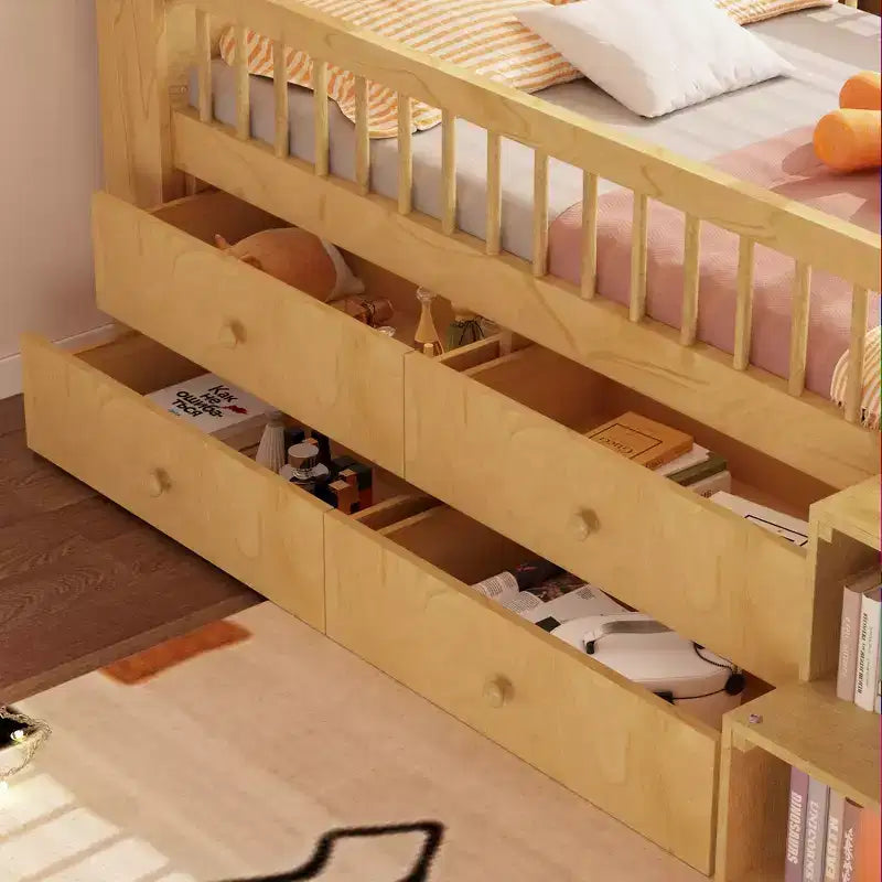Lit mezzanine bas jumeau avec lumières LED, tête de lit en forme de maison et tiroirs de rangement, construction solide