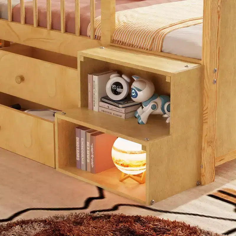 Lit mezzanine bas jumeau avec lumières LED, tête de lit en forme de maison et tiroirs de rangement, construction solide