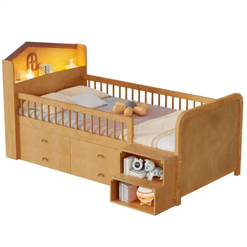 Lit mezzanine bas jumeau avec lumières LED, tête de lit en forme de maison et tiroirs de rangement, construction solide