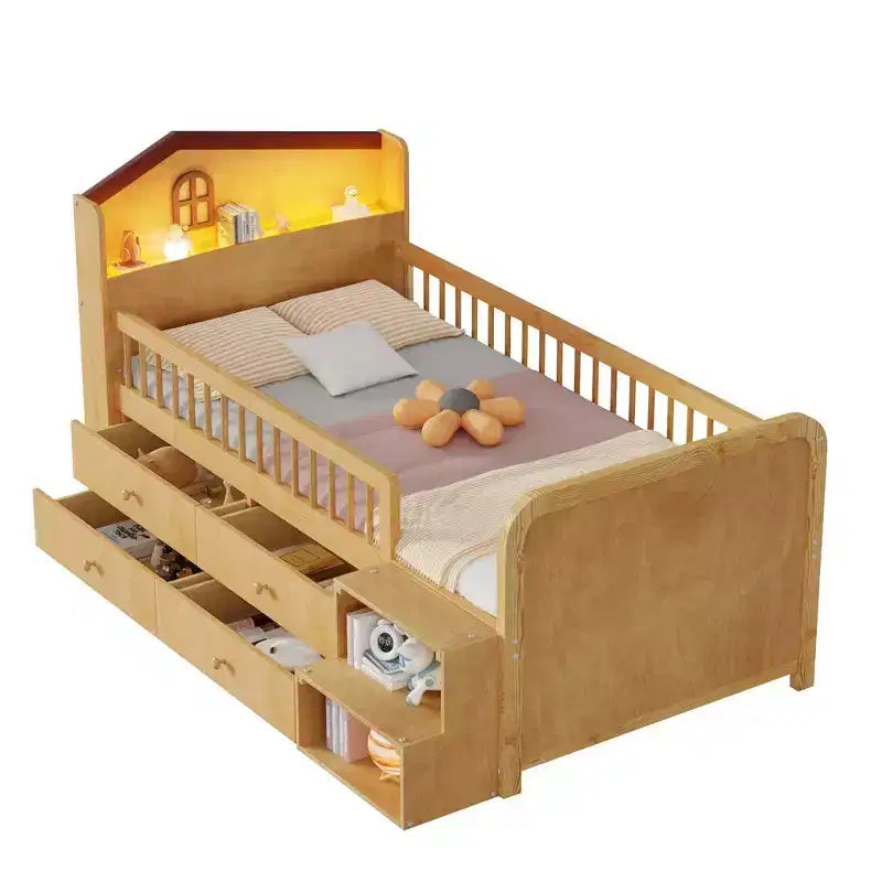 Lit mezzanine bas jumeau avec lumières LED, tête de lit en forme de maison et tiroirs de rangement, construction solide
